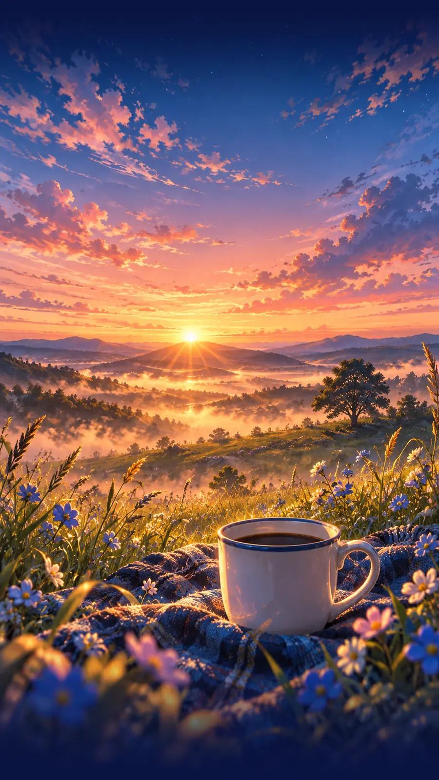 Una taza de café humeante en la pradera al amanecer