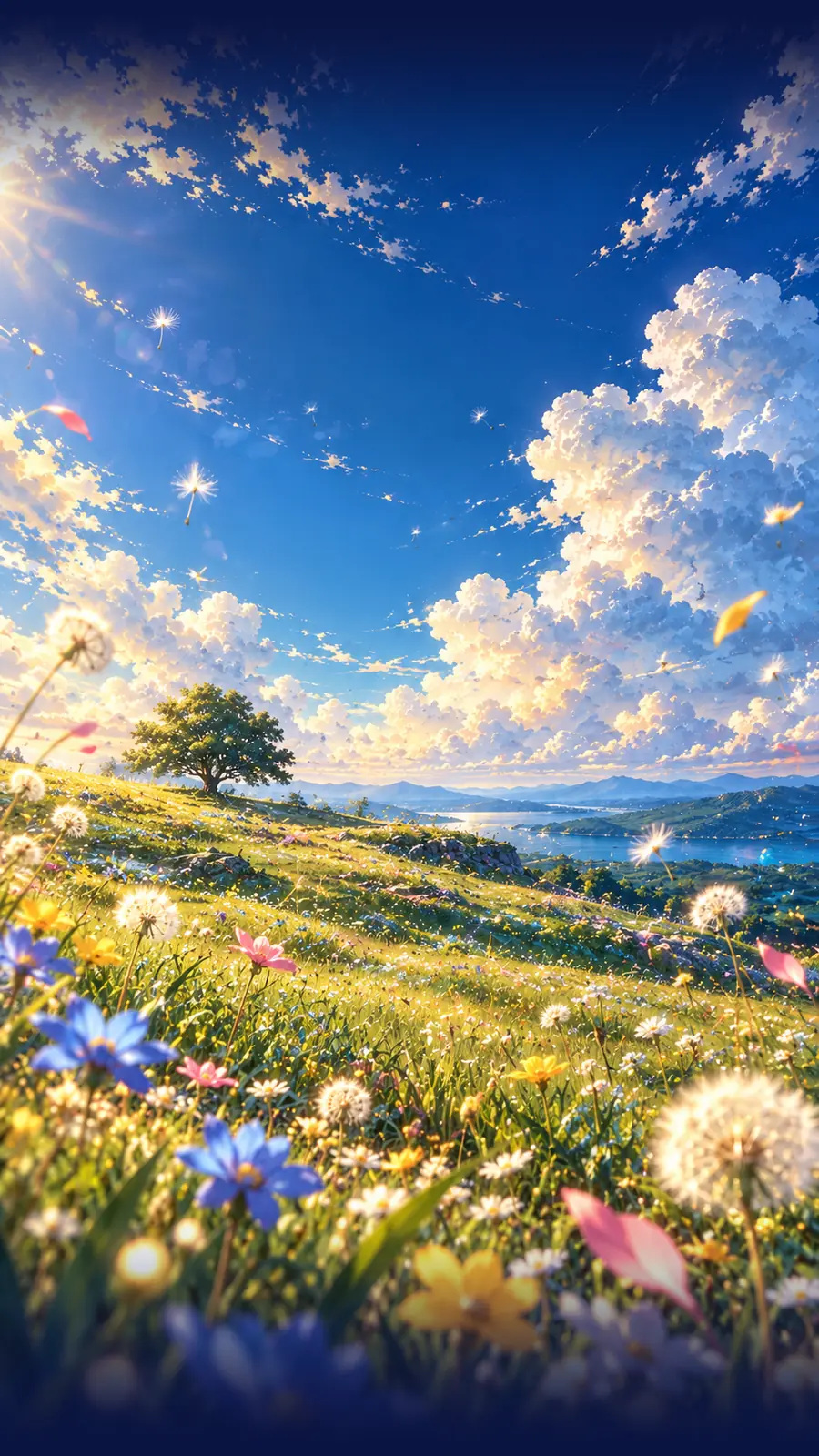 La pradera de día, con nubes y flores