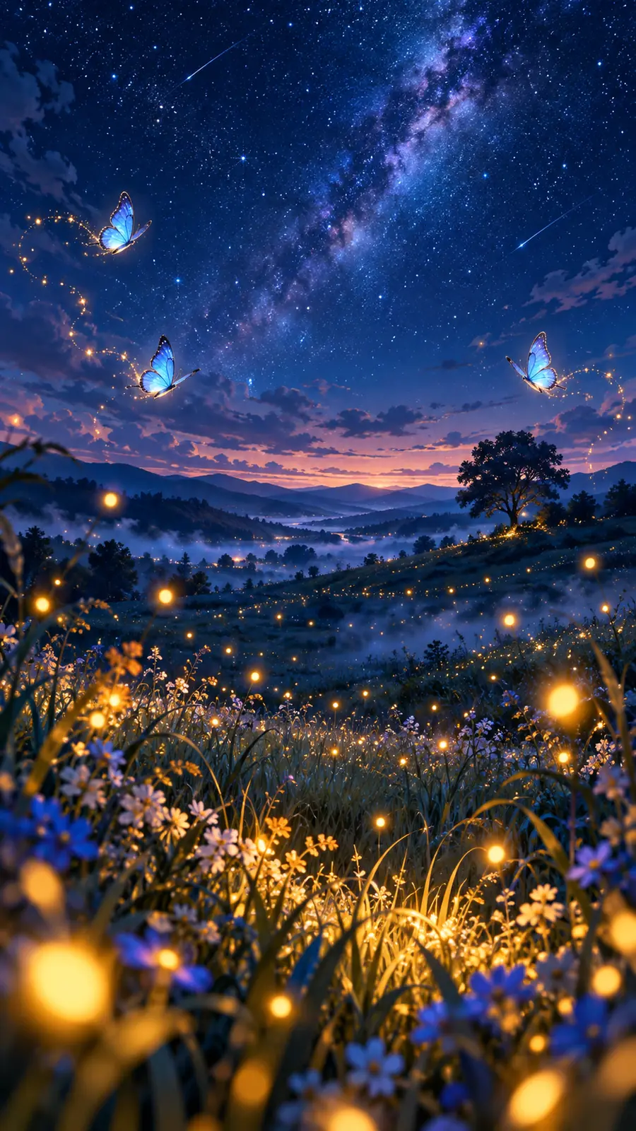 Una pradera de noche con luciérnagas y la vía láctea