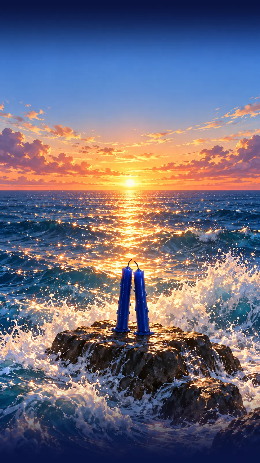 Dos velas azules encendidas sobre una roca en el mar al atardecer, con olas que rompen alrededor